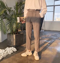 LXstudi autumn Korean simple new micro-wide Korean version of nine-point plaid trousers mens pants with their own waist