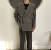 LXstudios20s retro plaid single west chic Korean style casual loose all-match gray plaid blazer men