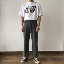2020 spring and summer Korean version of retro washed gray loose hanging wide-leg jeans mens nine-point pants straight pants tide