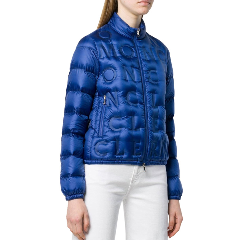 Moncler màu xanh lá thư dọc cổ áo nổi thời trang giản dị ấm phụ nữ áo bông ngắn