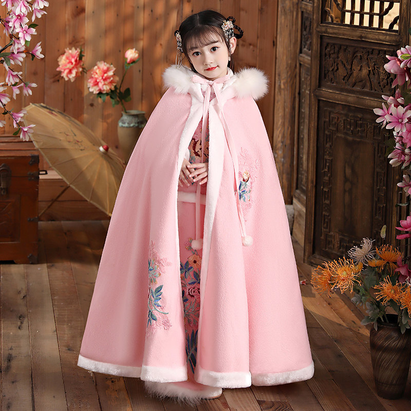 Children's cape cloak spring and autumn style out windproof Hanfu girls shawl hood coat plus fleece thickened Chinese style