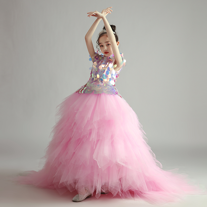 Children Princess Dress Gown High End Walk Show Flowers Child Fluffy Dress Girl Wedding Dress Petty presenter Piano acting out
