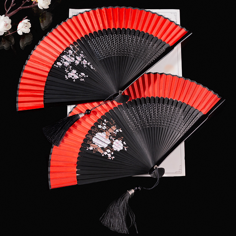Fan folding fan Chinese style summer women's classical dance fan ancient Hanfu tassel cheongsam ancient style portable red