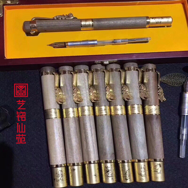 Gold Silk Nan Detached House Old Stock Dragon Head Dual-use Pen Solid Wood Sign Pen Adult Pen Business Office Use Gift Gift Packaging Box