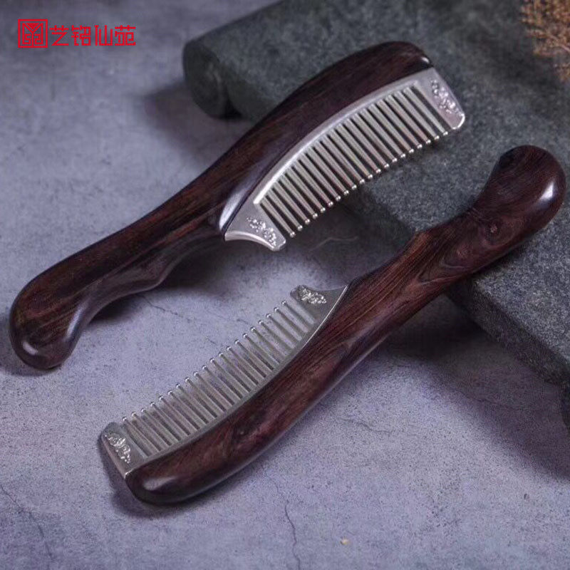 Purple sandalwood inlaid silver comb Black sandalwood solid wood silver plated long handle comb to send girlfriend to send mother gift gift