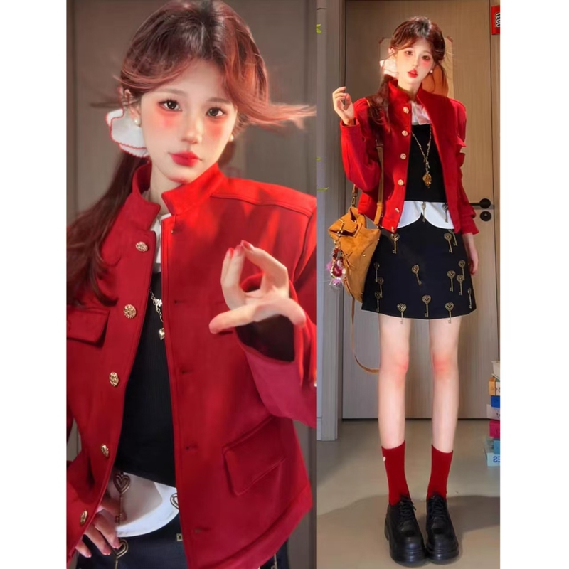 Korean-Style Red High-End Suede Stand-Up Collar Short Jacket, New Autumn Loose Design Vintage Jacket