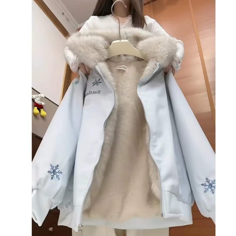 American-Style Couple Snowflake Embroidery Fleece-Lined Hooded Cotton Jacket for Men and Women, Winter Warm Loose-Fitting Trendy Coat