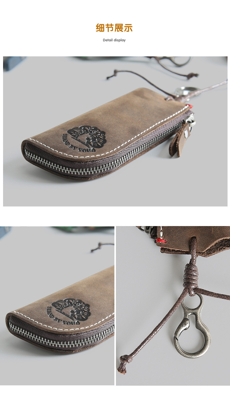 Crazy Horse Leather Casual Zipper Key Bag Vòng eo nam Chính hãng Lớp da đầu tiên Ví tiền xe hơi Đa chức năng Móc khóa - Trường hợp chính ví móc khóa đẹp