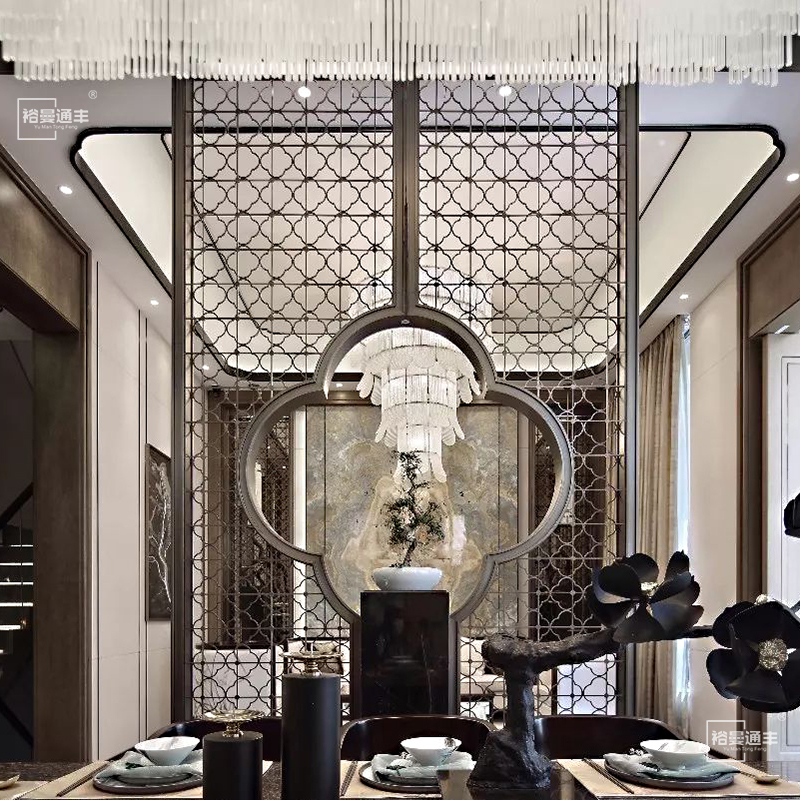 Clubhouse villa Living room Xuanguan Modern New Chinese metal Tuned hollowed carved stainless steel Screen partition products