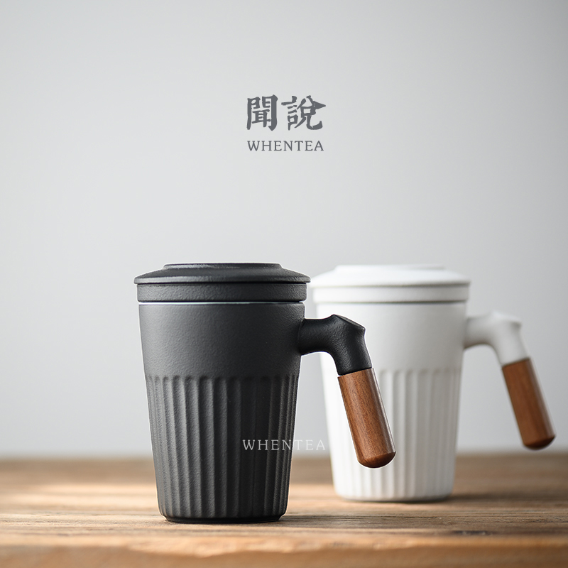Wen said) wooden black pottery tea cup ceramic with filter liner with lid mug office tea separation cup