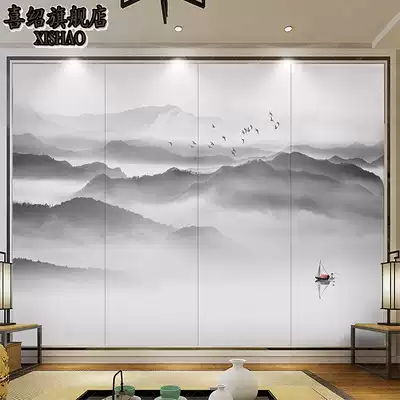8d新中式黑白山水電視背景牆壁紙抽象意境客廳沙發影水墨山水國畫