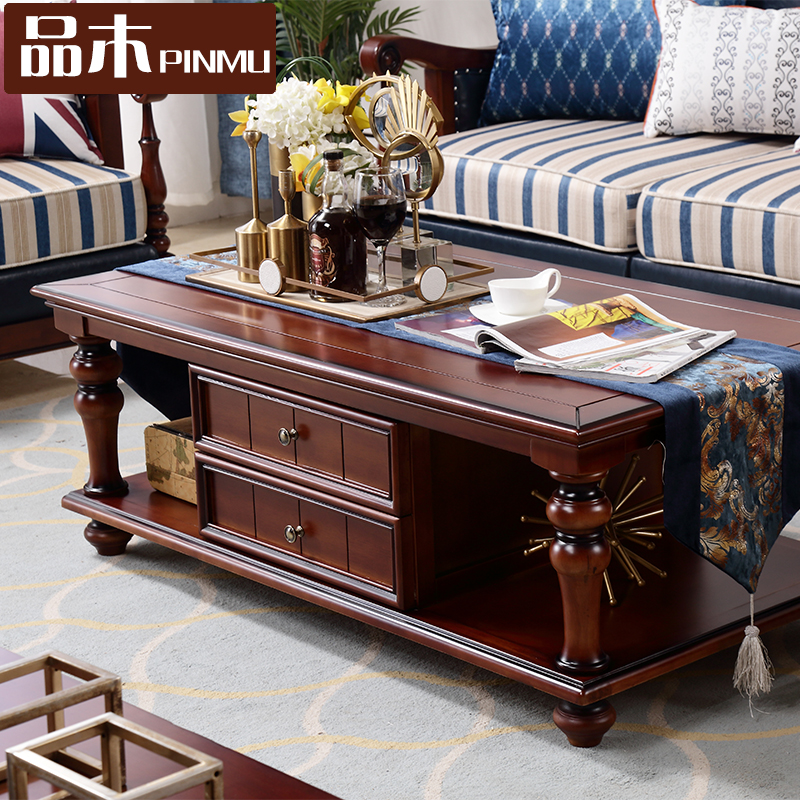 Retro American country solid wood coffee table living room rectangular floor cabinet assembly furniture rubber wood complete set 1 3m