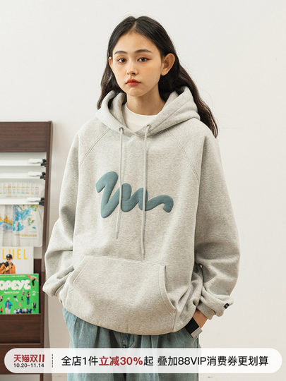 714street美式落肩袖宽松连帽卫衣男女秋冬季灰色帽衫情侣装上衣