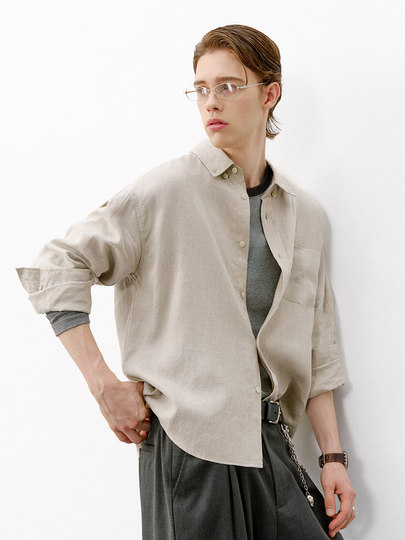 714street老钱风100%亚麻长袖衬衫男款2026春季宽松落肩休闲衬衣