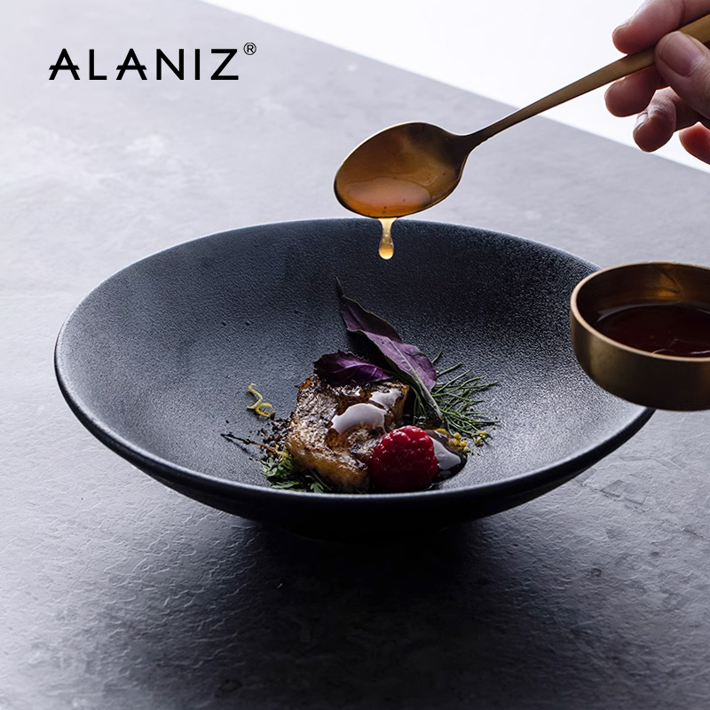 Alaniz Gruel Bowl Salad Bowl Black Retro Conical Bowl Japanese Tableware Ceramic Soup Noodle Bowl Household Plate