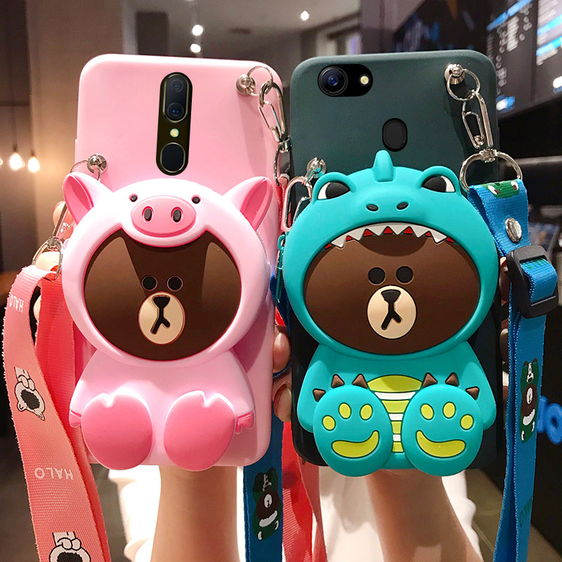 卡通小熊oppoa9x手机壳a83背包式a1零钱包a77可以背a73斜跨a79挂绳脖a59s公仔a57网红a73同款a37挎a7x女萌a7