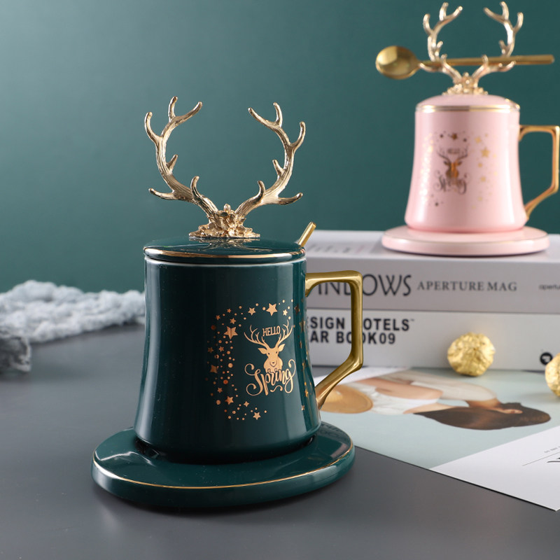 Ceramic cup Mug with lid spoon Personality creative practical gift Birthday gift High-grade exquisite household water cup