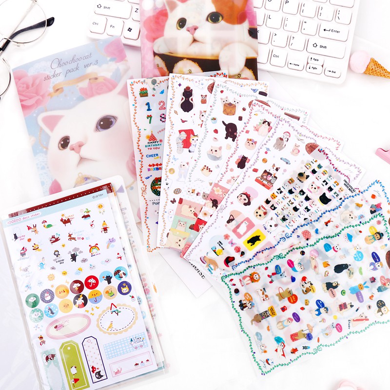 (kitty sticker containing book suit) cute Rosary kitty Korean stationery creative collage PVC waterproof child handbill decoration DIY comic book collection diary sticker bill envelope 8 sheets of entry