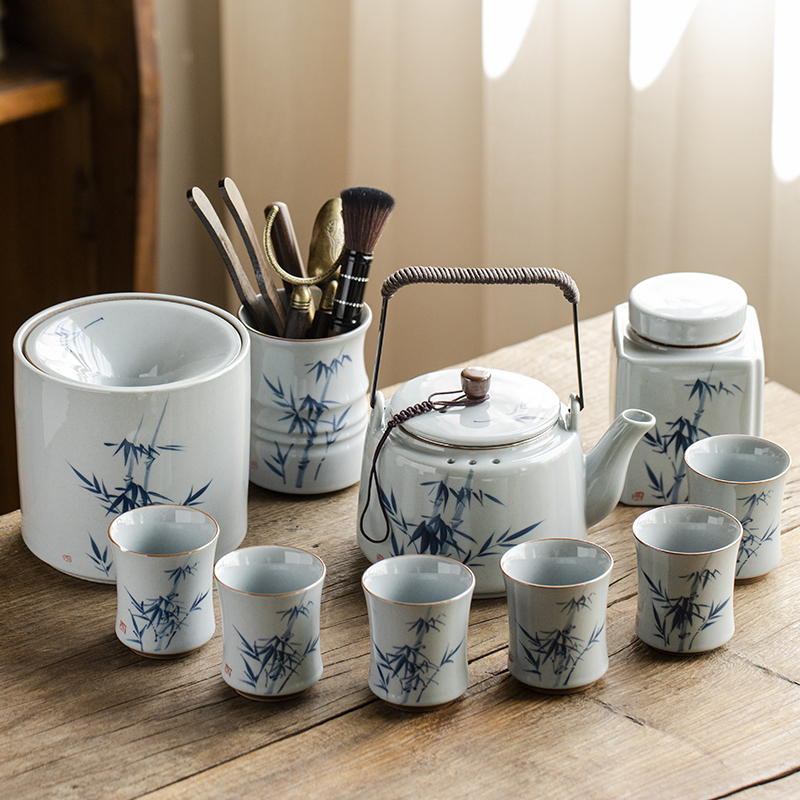 Hand-Painted Ash-Glazed Teapot Set for Kung Fu Tea, Ceramic Household Teapot and Teacup Set, Vintage Retro Tea Brewing Set Hand-Painted Ash-Glazed Teapot Set for Kung Fu Tea, Ceramic Household Teapot and Teacup Set, Vintage Retro Tea Brewing Set