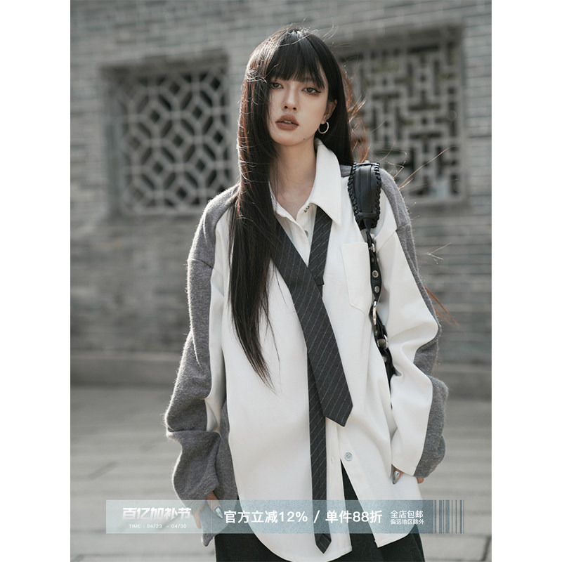 Retro College Style Sweater with Patchwork Long-Sleeve Shirt for Women, Loose Fit for Petite Figures, Tie Polo Collar Top for Spring and Autumn