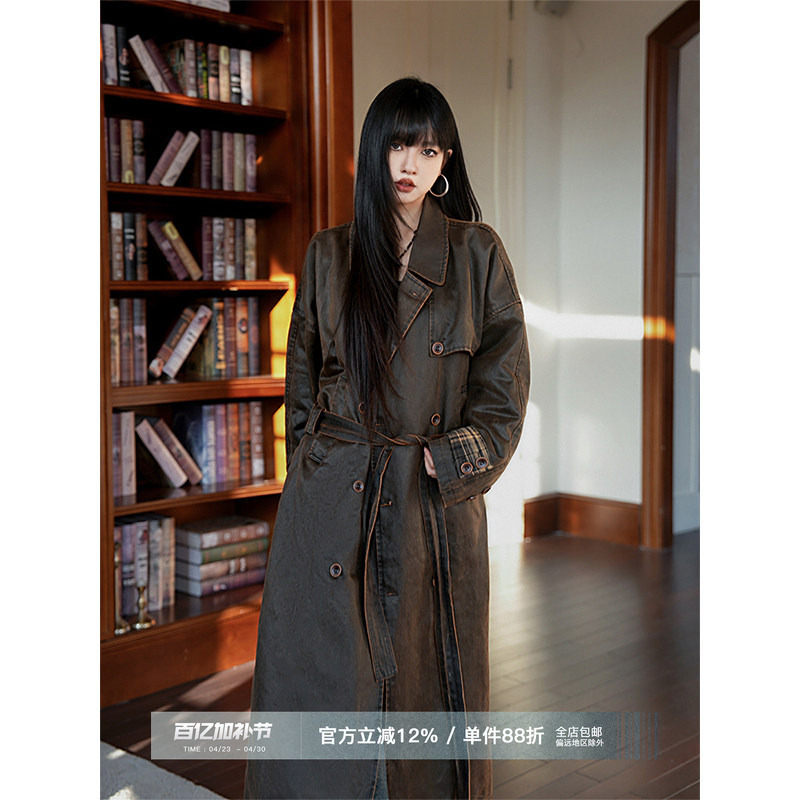 Vintage Heavy-Duty Washed Mid-Length Quilted Pu Leather Trench Coat for Women, New Autumn and Winter Style, Waist-Cinching Cotton-Padded Coat