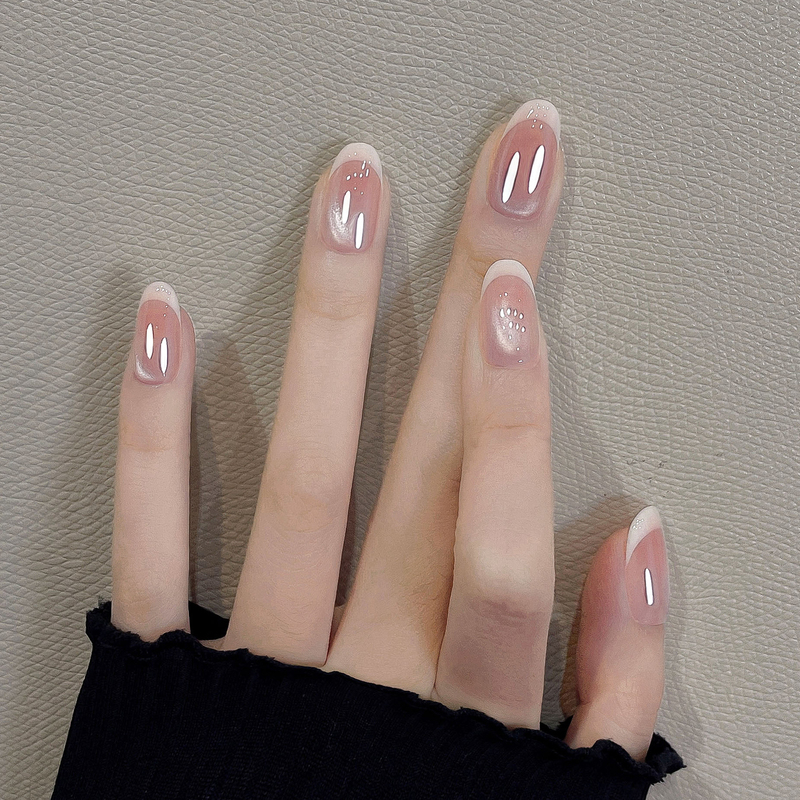 Purely Handmade Wearable Nail Art, Light Luxury and High-End Feel, 2026 New Nude Color Cat-Eye French Nail Patches, Apricot Pink Shimmer