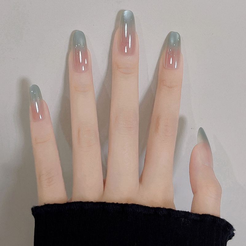 Purely Handmade High-Quality Wearable Nail Art 2026 New Mid-Length Mint Blue Cat Eye Nail Patches Inspiration Words