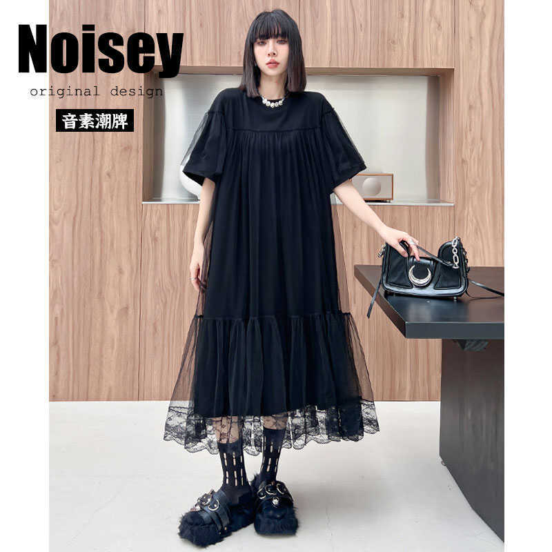 Double-Layer Mesh T-Shirt Dress for Summer, Dark Style Trendy Brand, Mid-Length, Loose, Tummy-Covering, Slimming, Short-Sleeved Pullover Dress