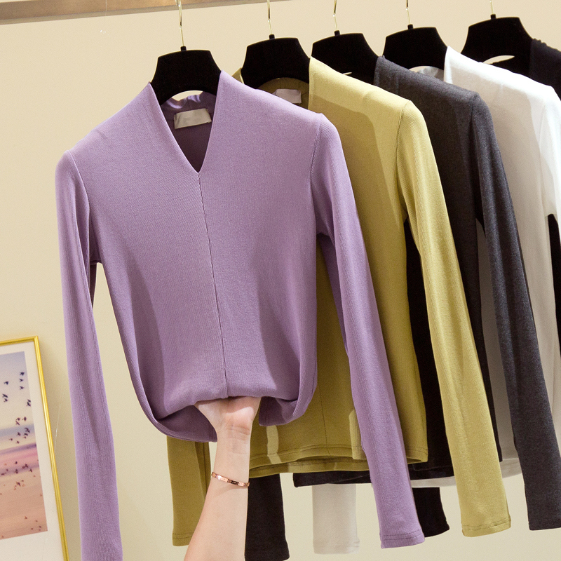 Temperament long-sleeved underwear women's deep V-neck sexy inner wear 2020 autumn new slim fit cotton top trendy