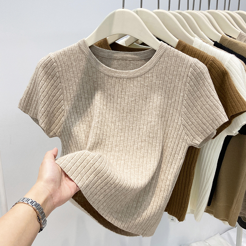 Solid Color Round Neck Wide Striped Short-Sleeved Knit Top Women's T-Shirt 2025 Spring New Slimming Elegant Short Top Trendy