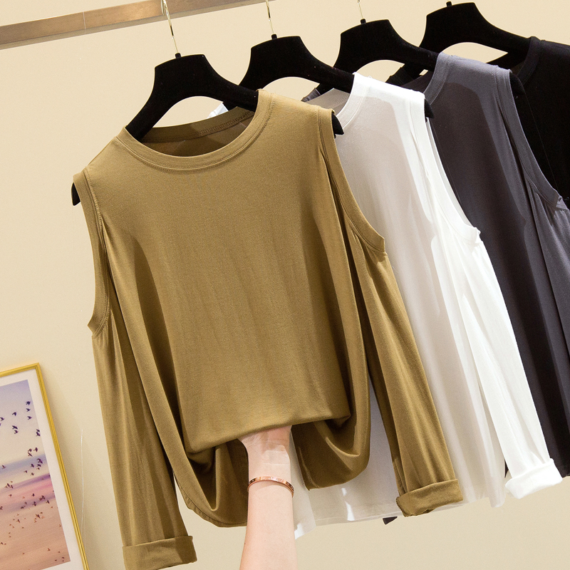 Modal long-sleeved T-shirt women's spring and autumn new round neck loose thin section off-shoulder top scheming design sense niche ins