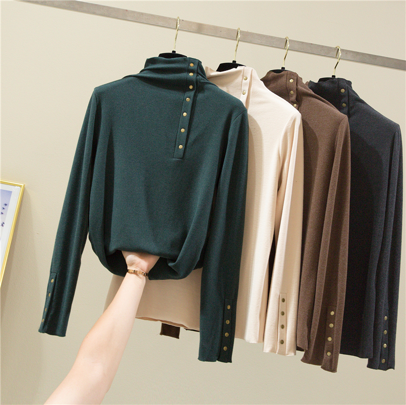 Autumn and winter 2021 new ins thickened half high-neck long-sleeved T-shirt female Western style double-sided brushed cashmere bottoming shirt