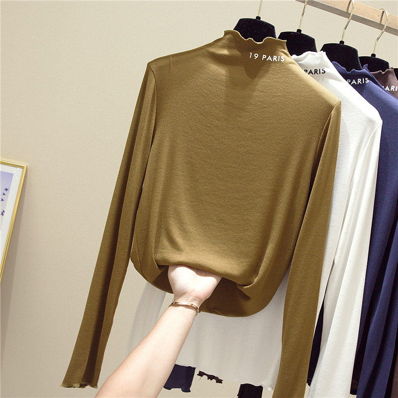 2020 autumn and winter new semi-high collar Western style long-sleeved inner dress female fungus edge thickened inner plus velvet top T-shirt