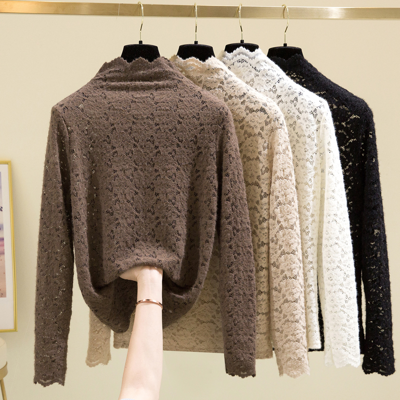 2021 autumn and winter Western style plus velvet thick lace bottoming shirt women's half turtleneck brushed inner temperament mesh top trendy