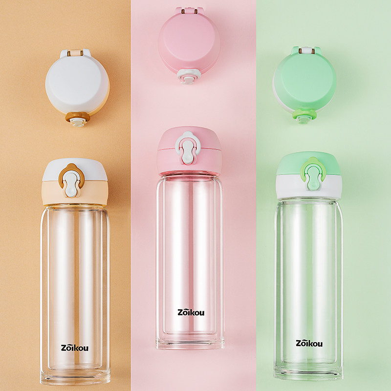 Double glazed glass cup portable female students Ins brief frescoed water glasses with lifting rope Teenage Hearts Bubble tea cups