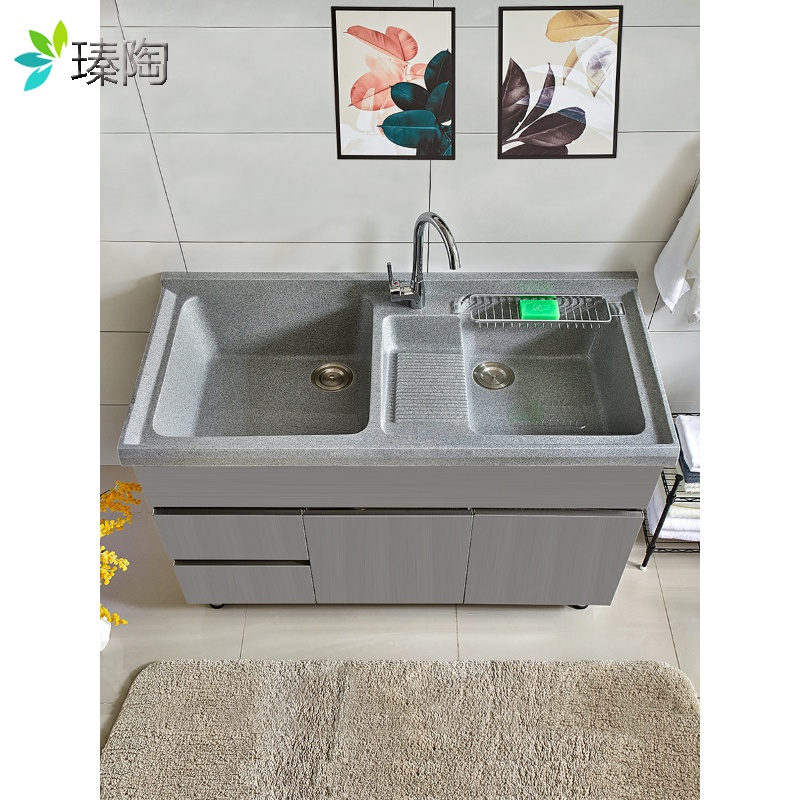 Stone Terrace Basin Laundry Quartz Stainless Steel With Double Tank Washbasin Laundry Basin Washboard Cabinet Balcony Artificial Cabinet Pool Laundry Bathroom