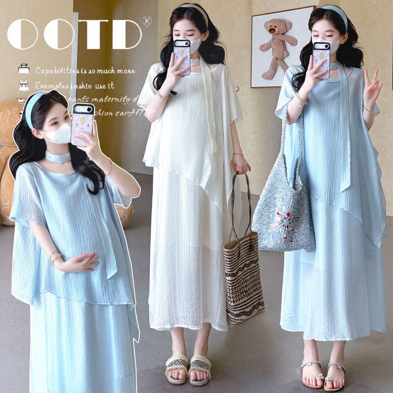 Maternity Wear French Resort Style Dress Women's Summer Textured Ribbon Blouse Two-Piece Set Blue Long Dress with an Airy Feel