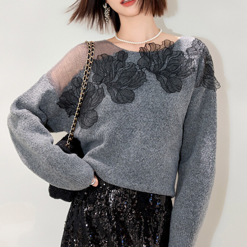 French Round Neck Lace Floral Knitwear for Women Autumn and Winter 2026 New Style Pullover Knitwear Elegant Casual Long-Sleeved Top