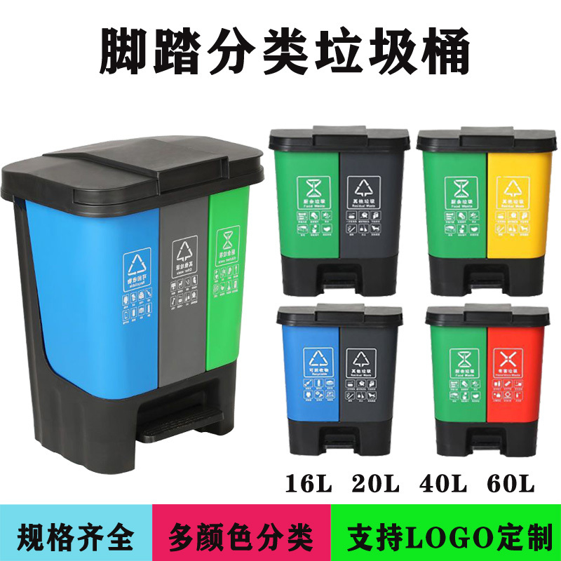 New National Standard Classification Trash Can with Pedal, Three-Category Recycling Bin, Dual Bin Office 2-in-1 Dry and Wet Separation, Large Size