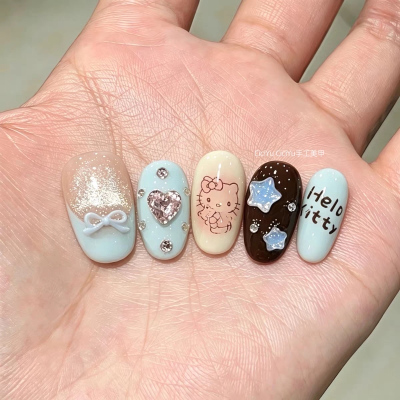 【Sea Salt Kitty】Sweet and Cool Girly Style Milky Blue French Kitty Bow with Rhinestones Handmade Press-On Nails 【Sea Salt Kitty】Sweet and Cool Girly Style Milky Blue French Kitty Bow with Rhinestones Handmade Press-On Nails