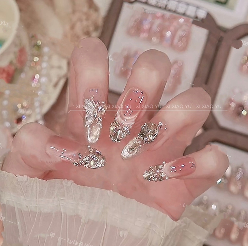 【Jinsha Xingdie】Zircon French-Style Light Luxury White-Enhancing Butterfly Gold-Plated Cat's Eye Rhinestone Dazzling Handmade Press-On Nails