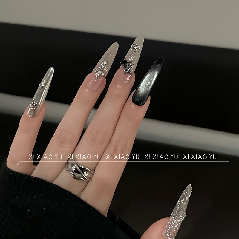 【Dark Knight】Super Cool and High-End Punk Metal Cat-Eye Sparkling Diamond Nail Art Handmade Press-On Nails