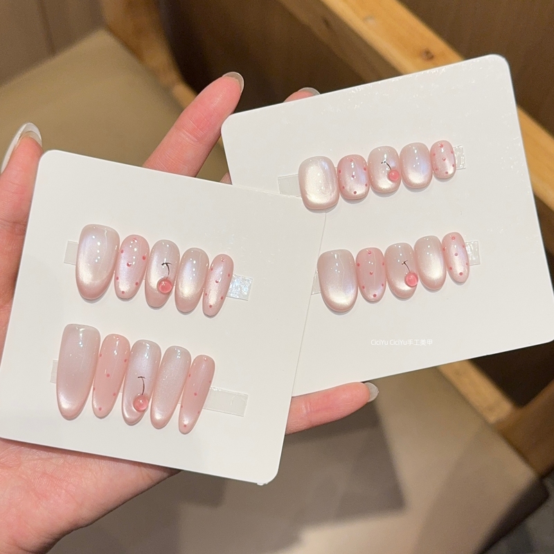 [Ice Sweet Cherry] Gentle Pink Glass Bead Cat Eye Liquid Three-Dimensional Polka Dot Atmosphere Handmade Wearable Nails