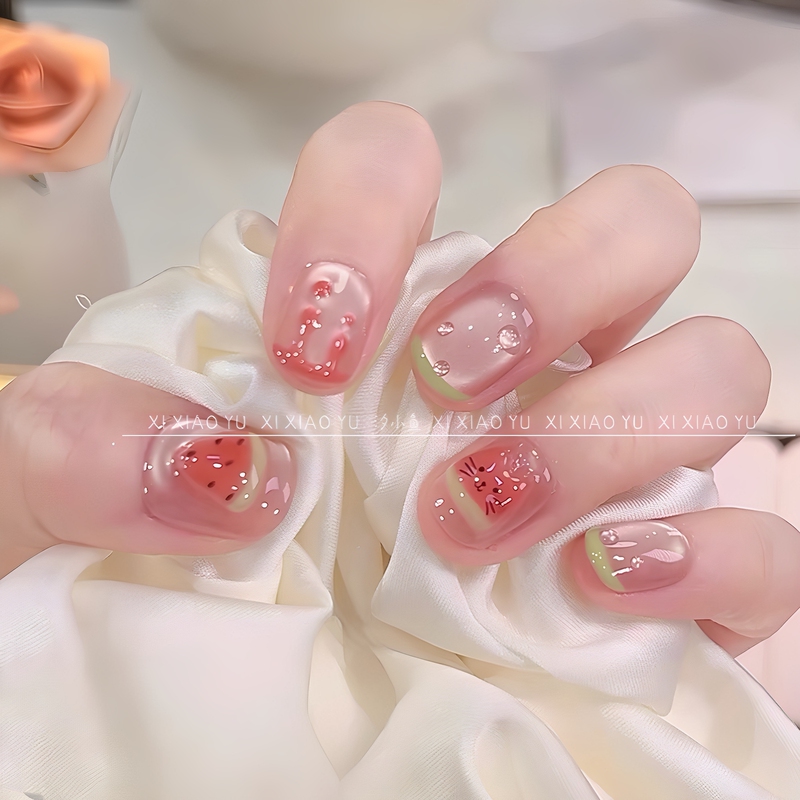 【Watermelon Kitten】Childlike Summer Handmade Wearable Nails Dopamine Clear Cat Eye Manicure Short Style Cute and Brightening