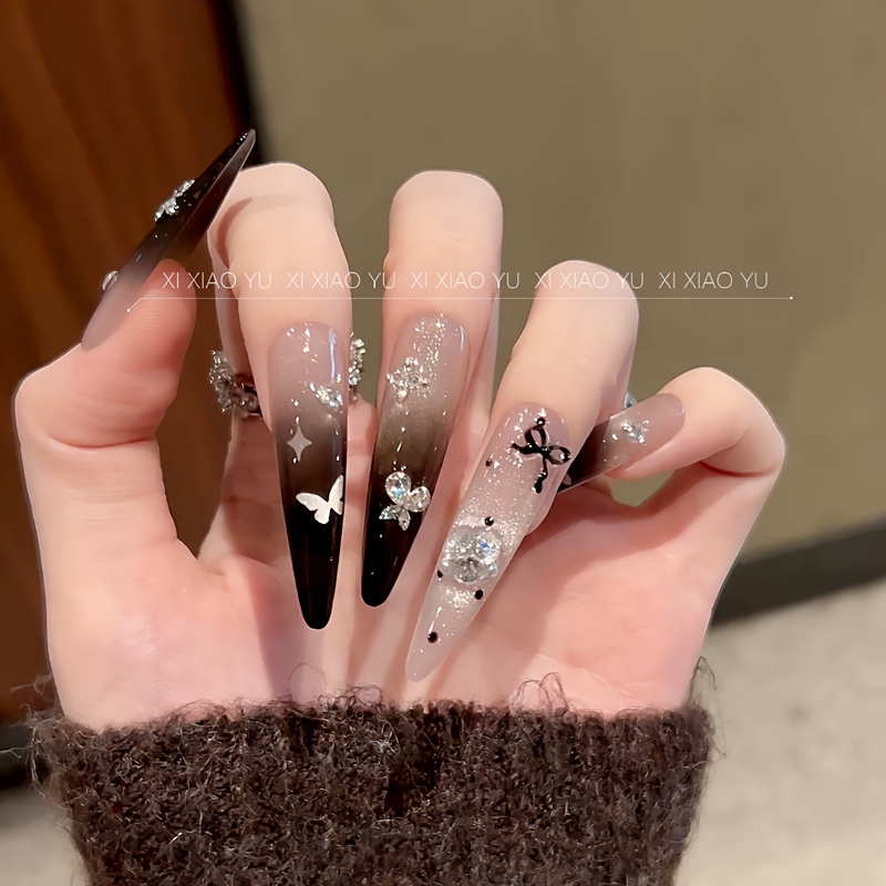 【Fingertip Butterfly】Sweet and Cool Black Gradient Hollow Butterfly with Rhinestones, Dazzling Cat-Eye Polka Dots, Handmade Wearable Nails 【Fingertip Butterfly】Sweet and Cool Black Gradient Hollow Butterfly with Rhinestones, Dazzling Cat-Eye Polka Dots, Handmade Wearable Nails