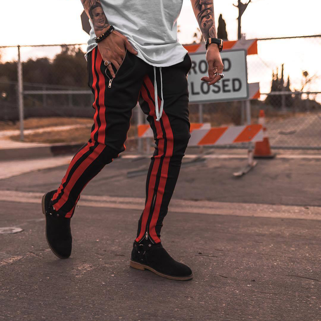 Muscle fitness dog brothers sports casual pants tide color matching zipper men's pants pipe pants running training pants pants pants