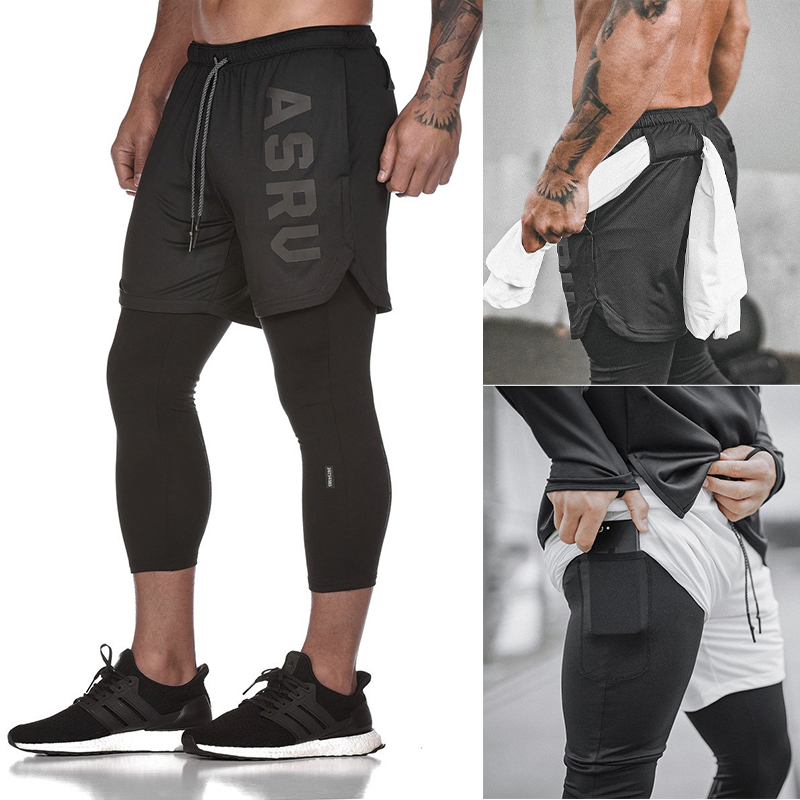 Muscle fitness dog brother running training elastic tights men's fake two-piece sports quick-drying cropped pants summer