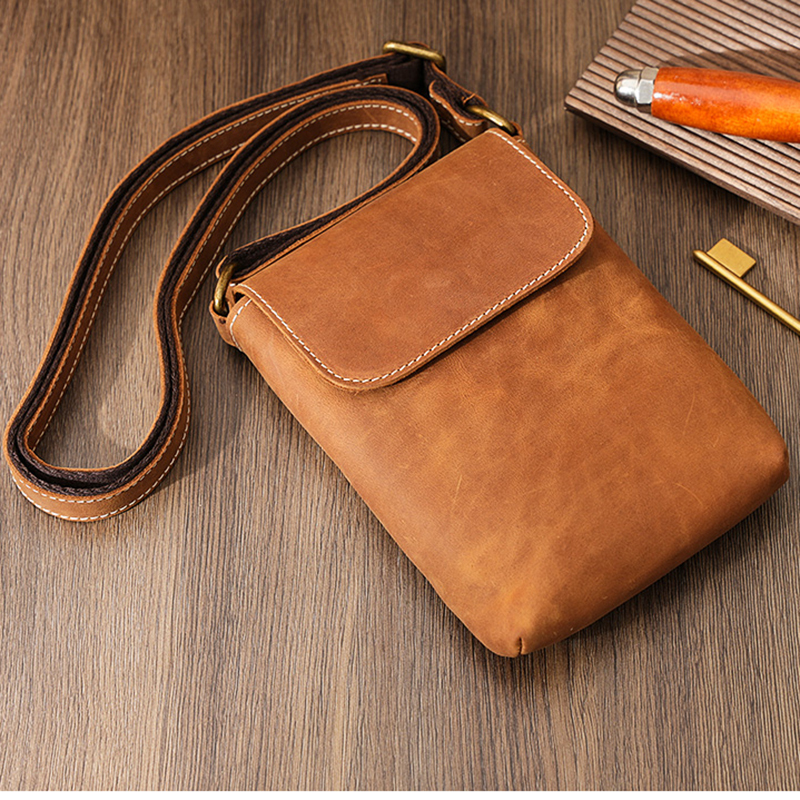 Retro Handmade Genuine Leather Mobile Phone Bag, Crazy Horse Leather, Simple Casual Small Backpack, First-Layer Cowhide Shoulder Crossbody Bag