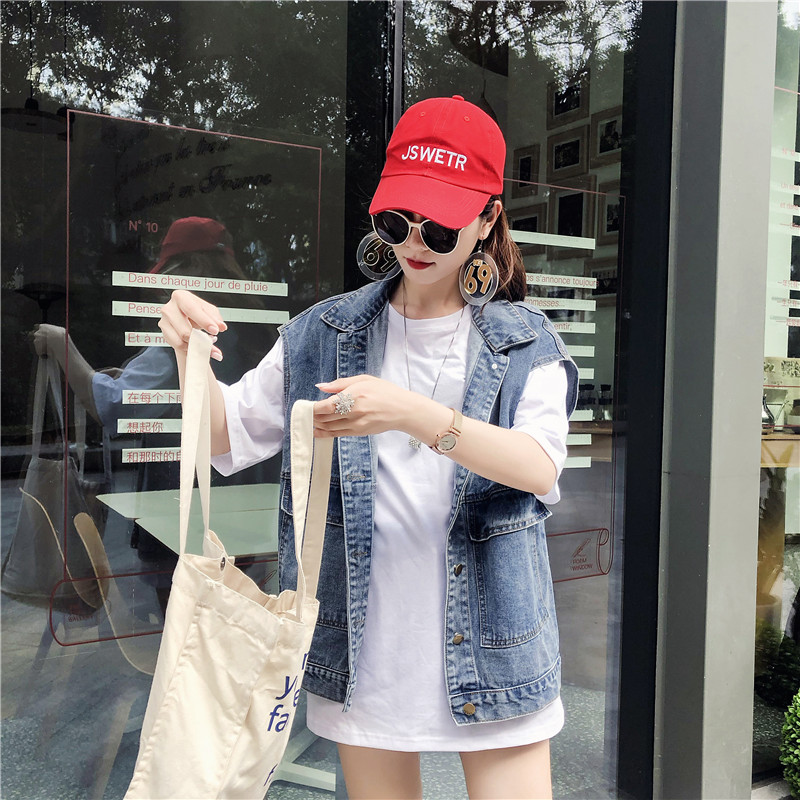 Zhuang Fan denim áo giáp cô gái mùa hè thủy triều bên ngoài mặc loose-fitting phiên bản Hàn Quốc của vai tay áo bảo hộ lao ngựa kẹp áo khoác