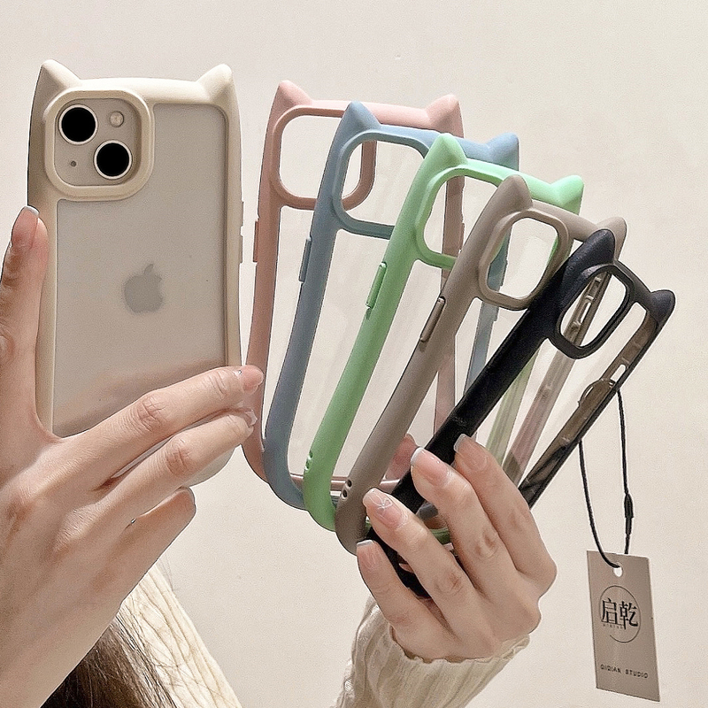 Qiqian Cute Cat Ears Transparent iPhone 15 Phone Case Suitable for Apple 14/13 Pro Max Hard Case 12 Girly 11 Cartoon Niche Solid Color Internet Celebrity Sweet Girl New Full Protection Anti-Drop